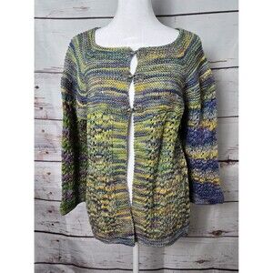 Womens Crochet Cardigan Blue Green Multicolor 3/4 Length Sleeve Knit Cozy